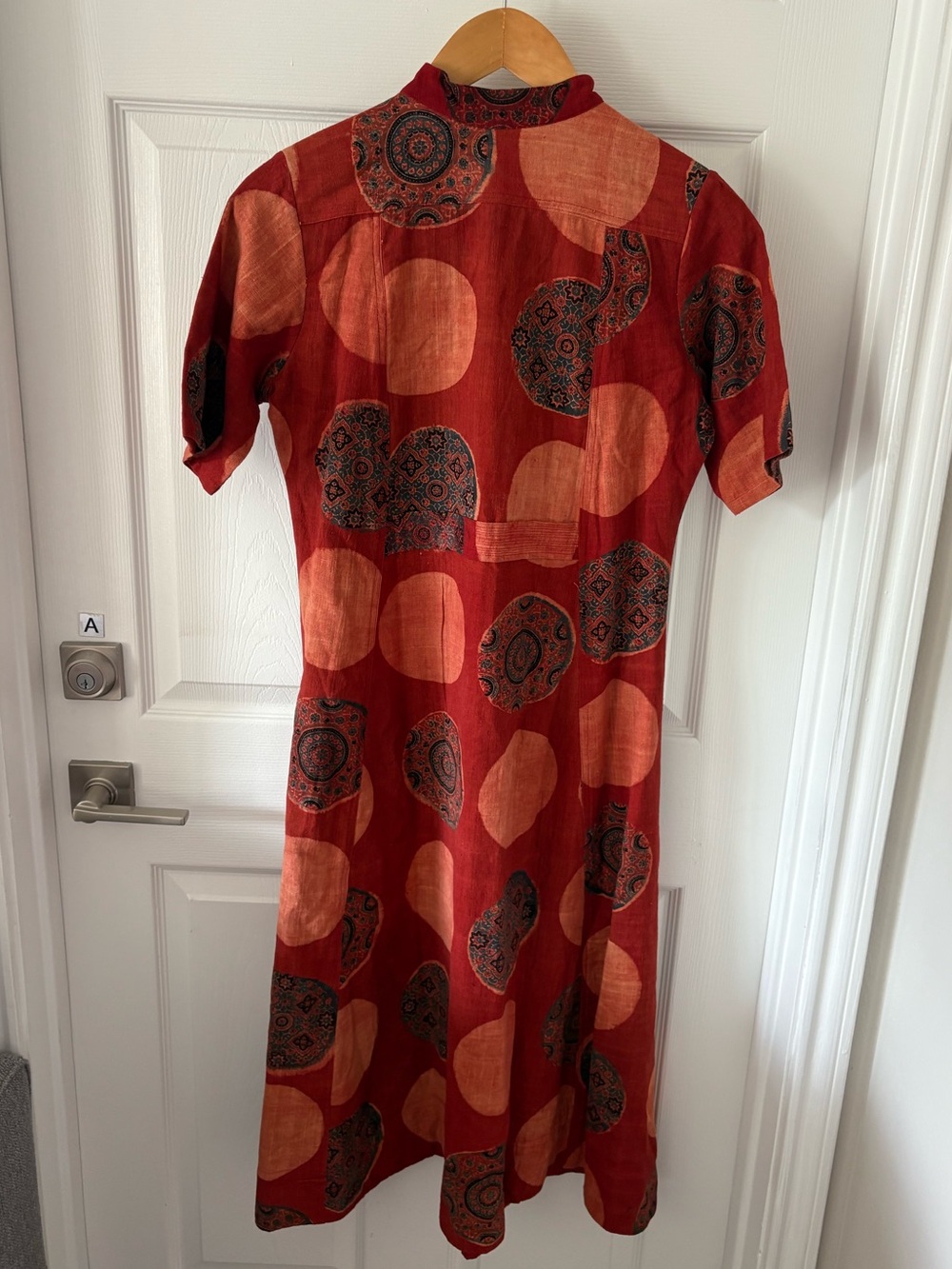 Vintage SEASONS Red Linen Abstract Geometric Print Midi Shirt Dress Pockets M - Picture 2 of 6